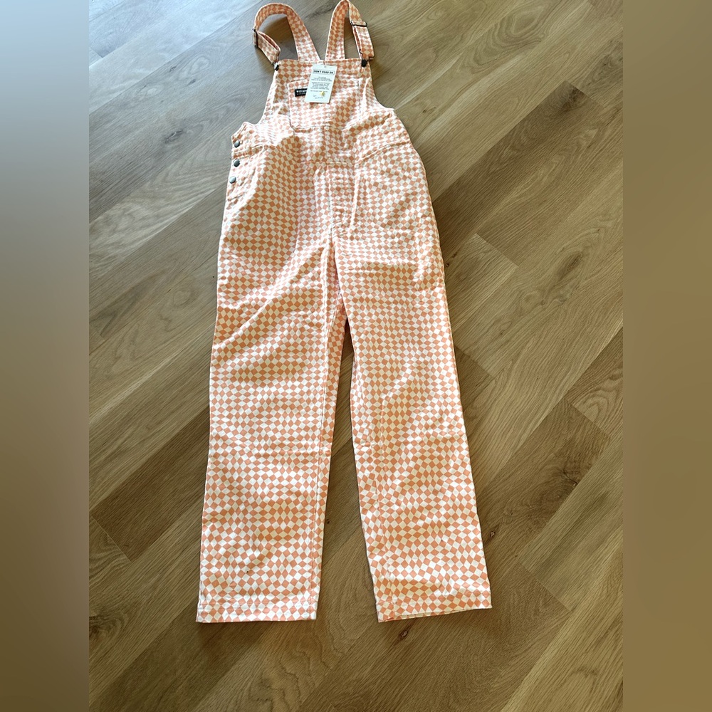Wildfang orange checkered overalls size large thin